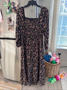 SHEIN Black Floral Smocked Midi Dress with Pink Flowers